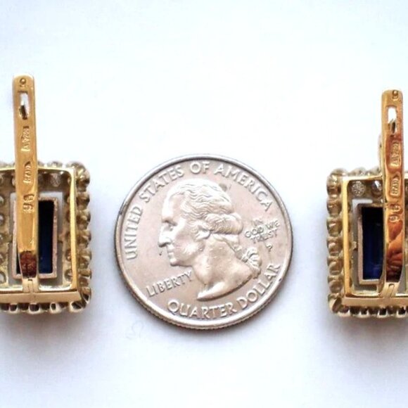 Russian USSR 18K 750 Yellow White Gold Diamond Sapphire Cluster Dangle Earrings - Picture 5 of 9